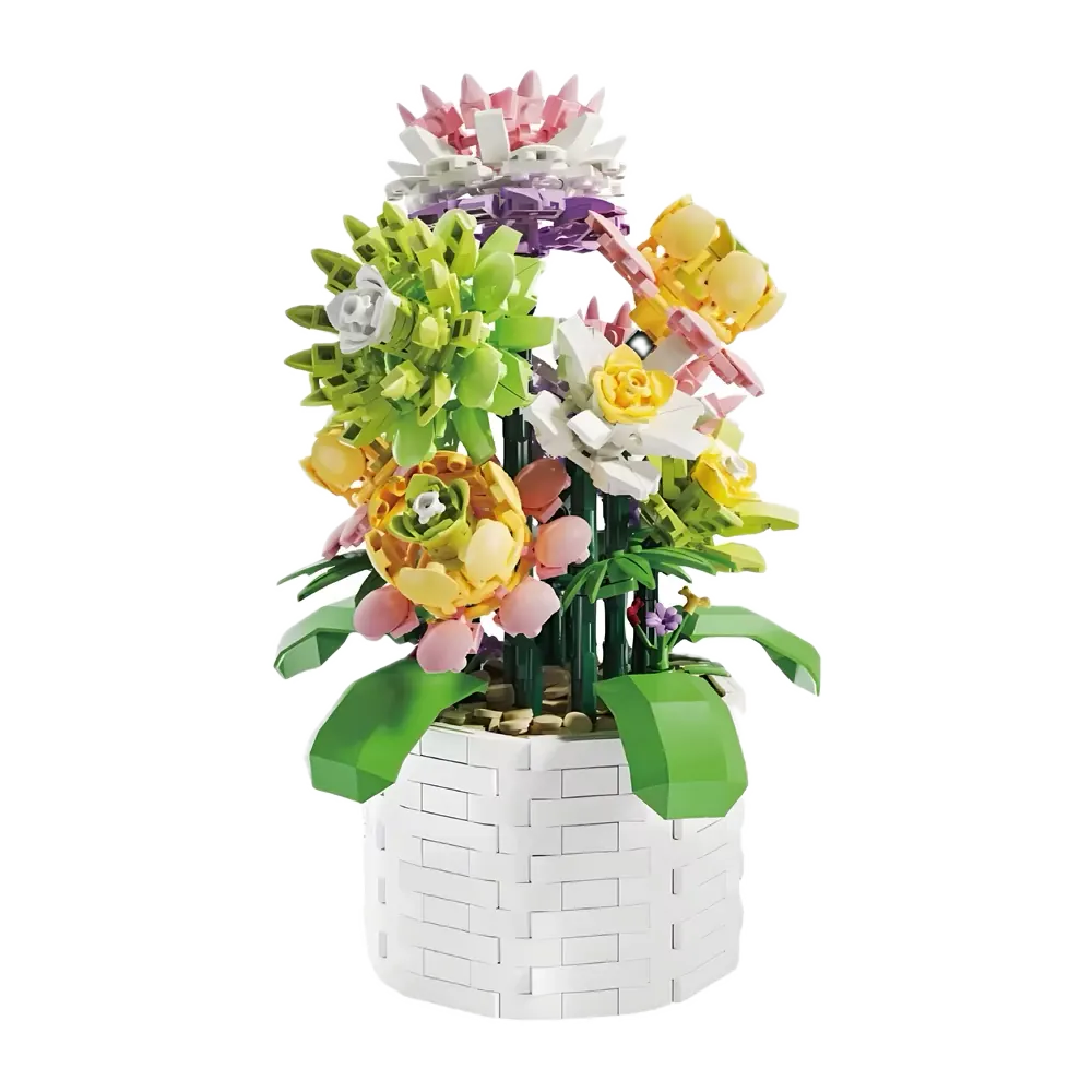 Bouquet pastel en briques dans un pot blanc