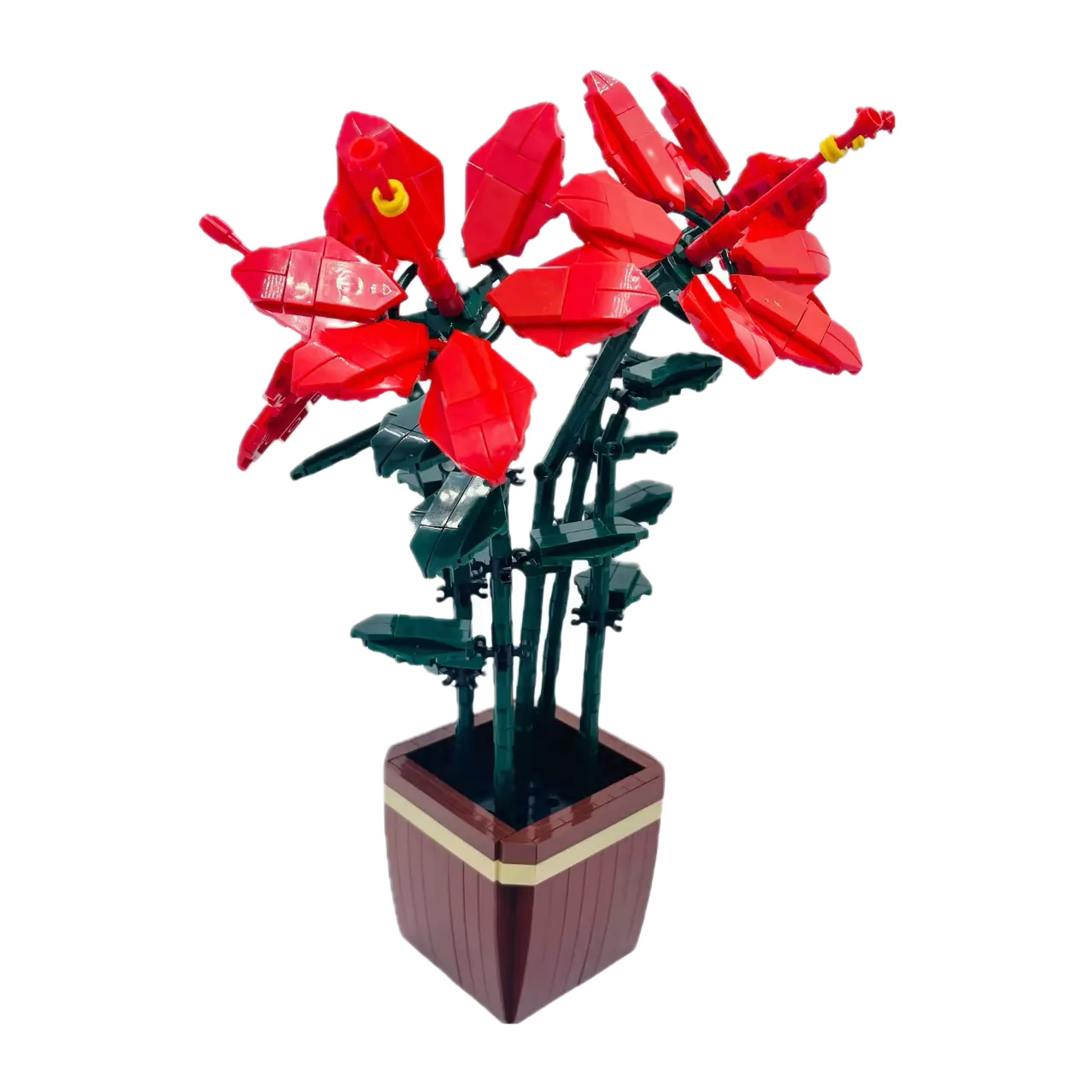 Fleurs rouges en briques dans un pot brun