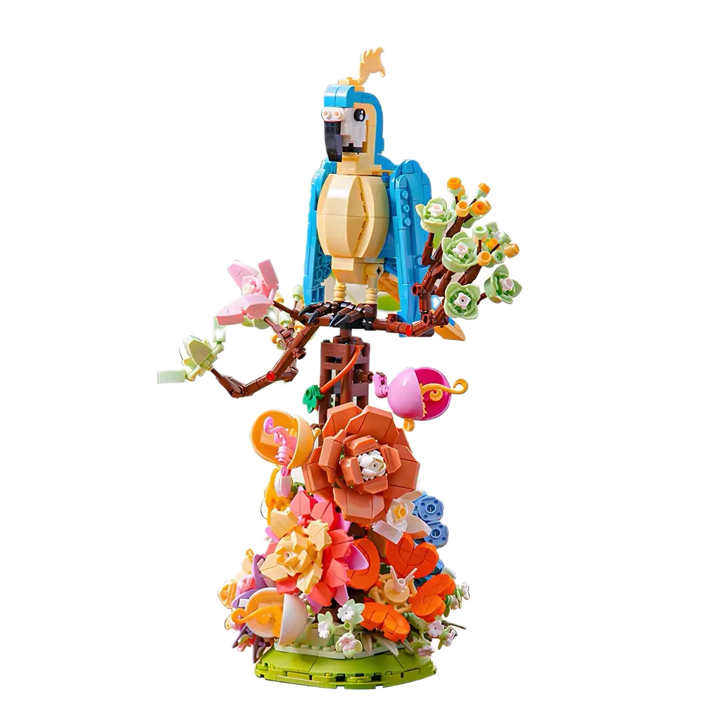 Scène florale en briques avec un oiseau bleu