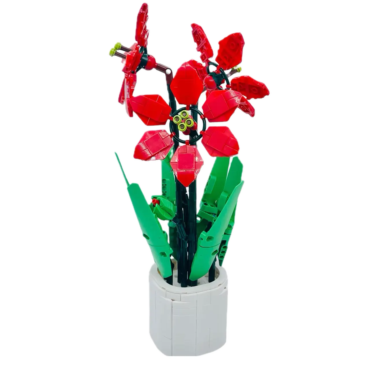 Fleur rouge en briques dans un pot blanc
