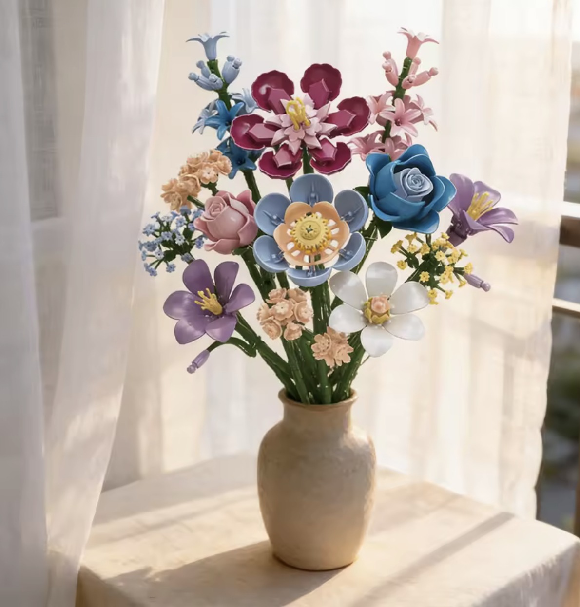 Bouquet en briques colorées exposé près d'une fenêtre